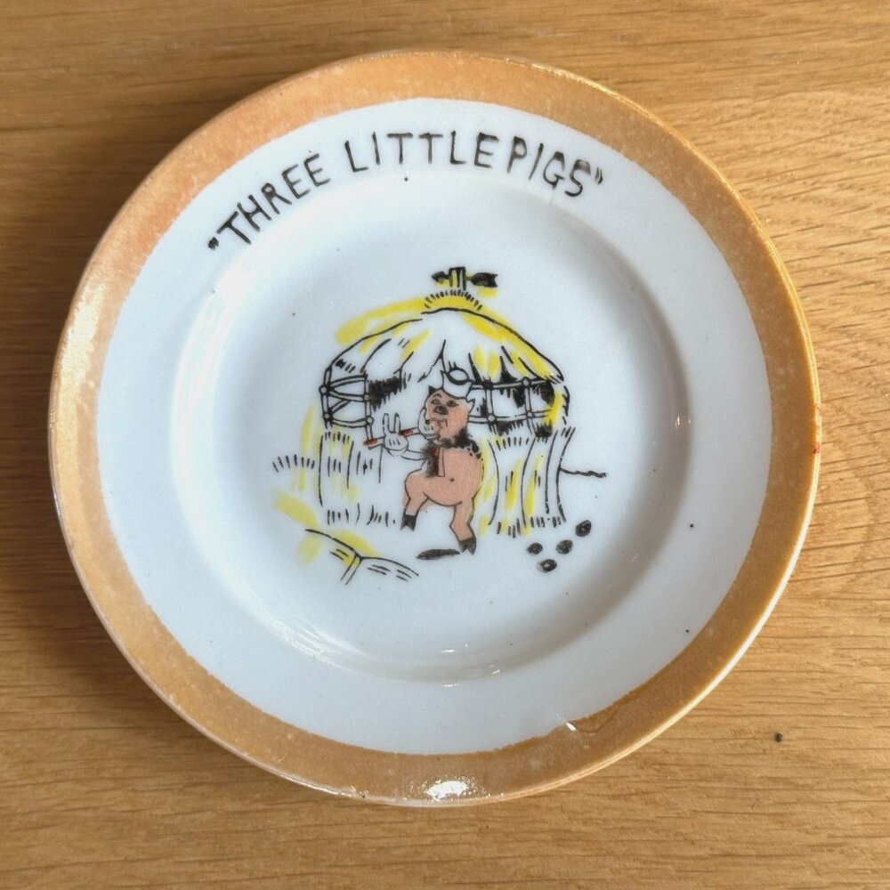 Three Little Pigs Decorative Lusterware Plate, Straw House, Japan Circa 1960s